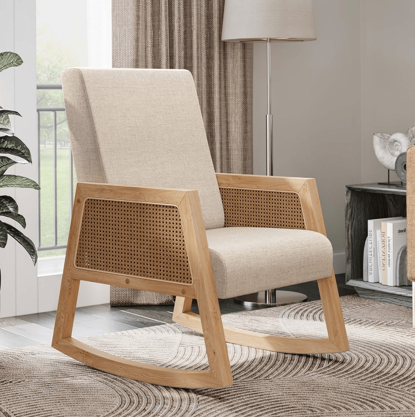 Wide Seat Rocking Chair with Cushion and Rattan Armrests - Cream Upholstered Rocking Armchair for Nursery and Living Room