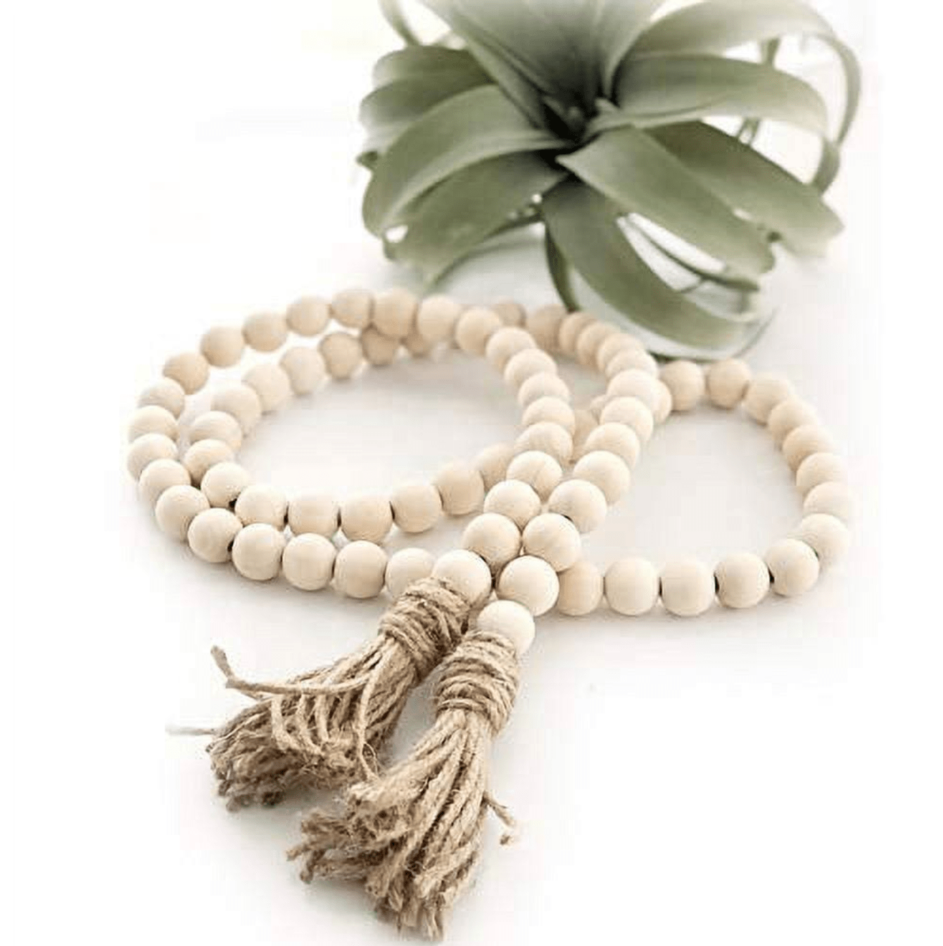 Wood Bead Garland with Tassels - 58-Inch Farmhouse Beads Rustic Country Decor - Prayer Beads Wall Hanging Decoration - White