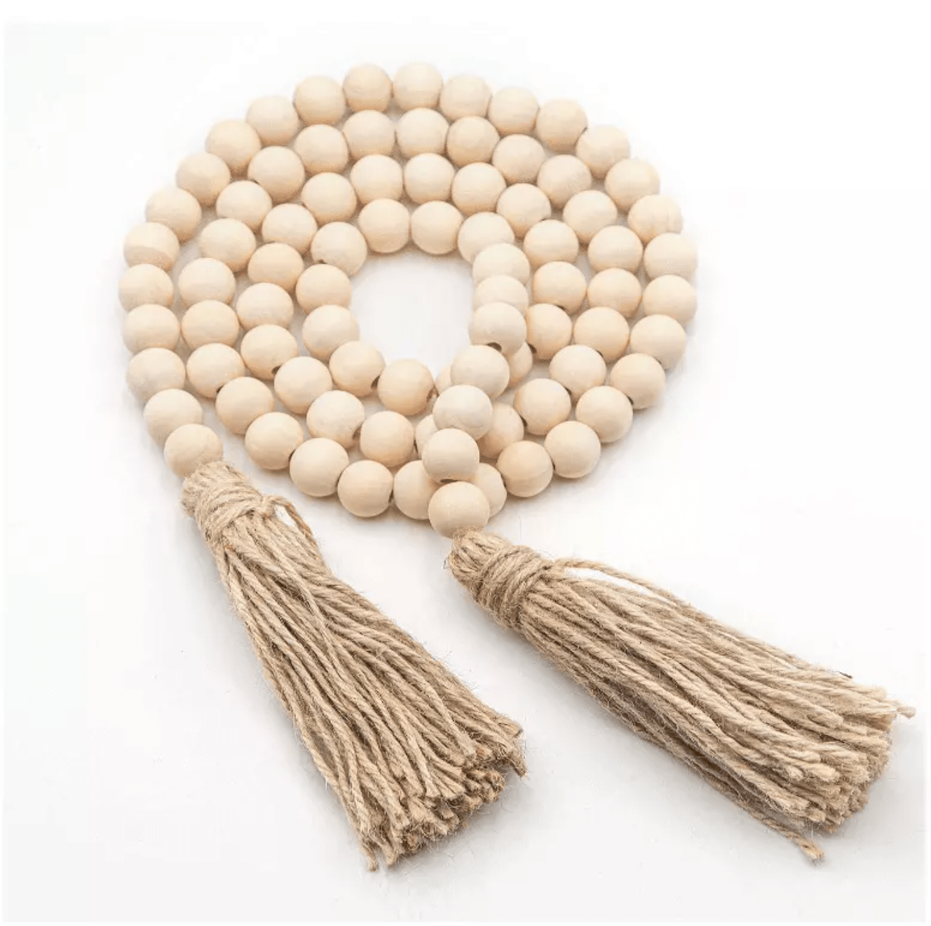 Wood Bead Garland with Tassels - 58-Inch Farmhouse Beads Rustic Country Decor - Prayer Beads Wall Hanging Decoration - White