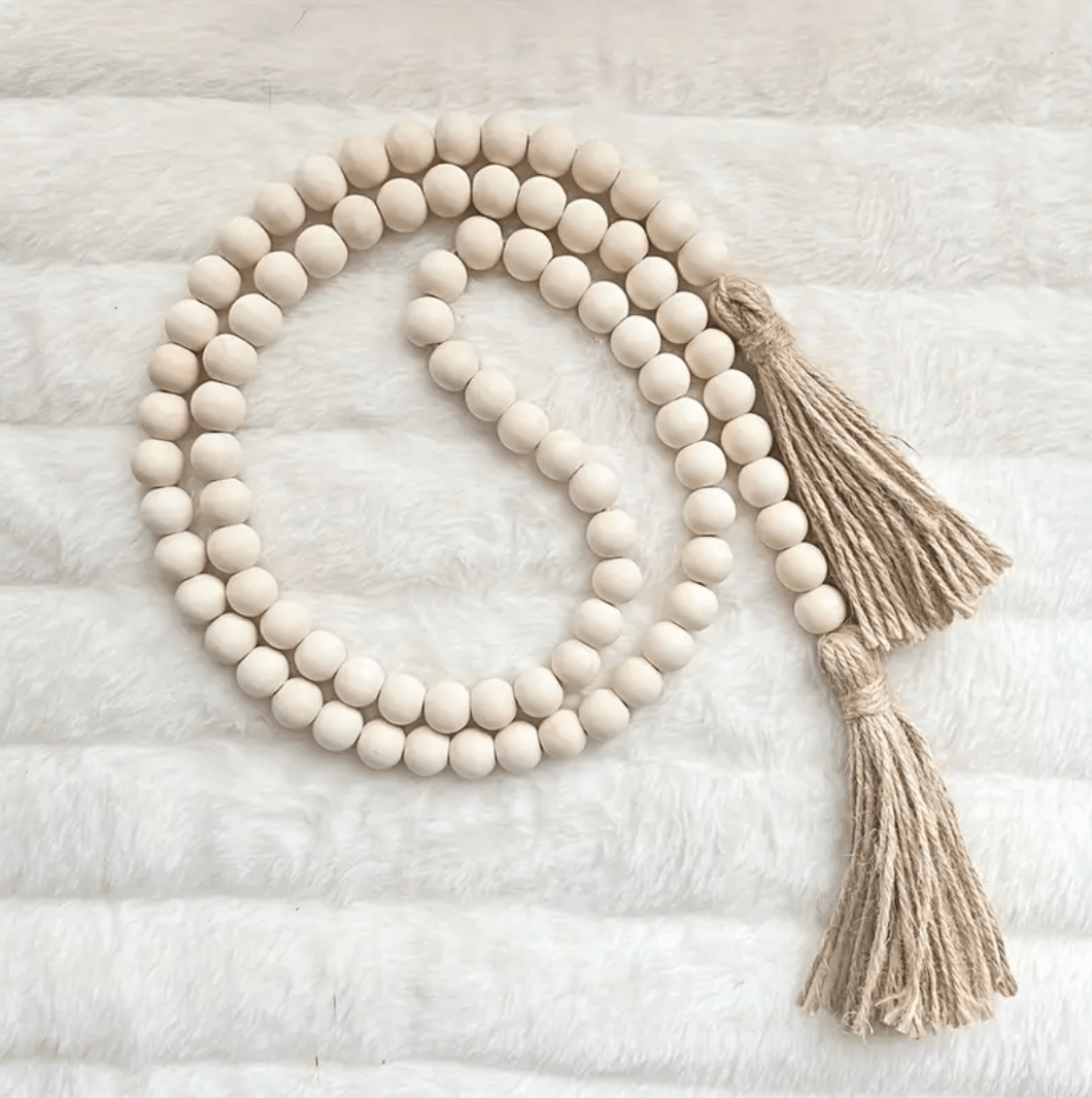 Wood Bead Garland with Tassels - 58-Inch Farmhouse Beads Rustic Country Decor - Prayer Beads Wall Hanging Decoration - White