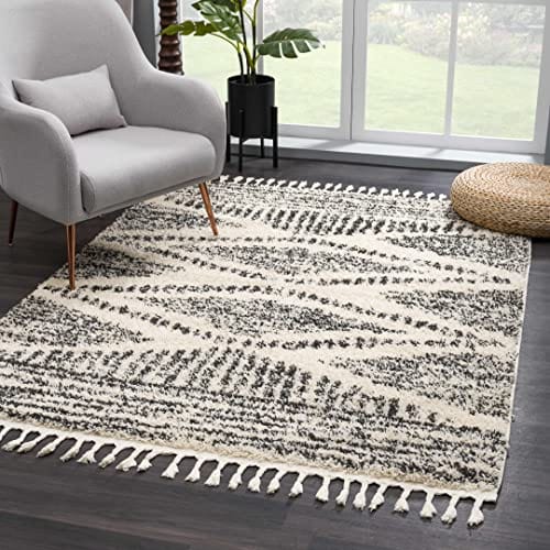 Berber Shag Collection - Southwestern Bohemian Tribal Style Area Rug - Fluffy Plush High Pile Carpet - Farmhouse Living Room Bedroom - Beige, Black - 6'7" x 9'