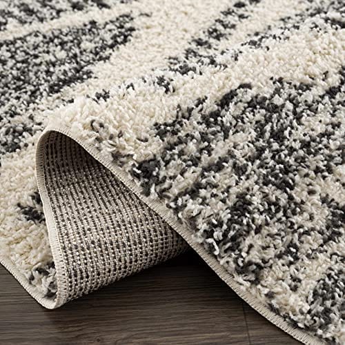 Berber Shag Collection - Southwestern Bohemian Tribal Style Area Rug - Fluffy Plush High Pile Carpet - Farmhouse Living Room Bedroom - Beige, Black - 6'7" x 9'