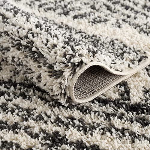 Berber Shag Collection - Southwestern Bohemian Tribal Style Area Rug - Fluffy Plush High Pile Carpet - Farmhouse Living Room Bedroom - Beige, Black - 6'7" x 9'