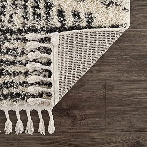 Berber Shag Collection - Southwestern Bohemian Tribal Style Area Rug - Fluffy Plush High Pile Carpet - Farmhouse Living Room Bedroom - Beige, Black - 6'7" x 9'