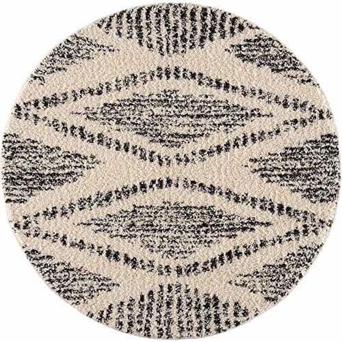 Berber Shag Collection - Southwestern Bohemian Tribal Style Area Rug - Fluffy Plush High Pile Carpet - Farmhouse Living Room Bedroom - Beige, Black - 6'7" x 9'