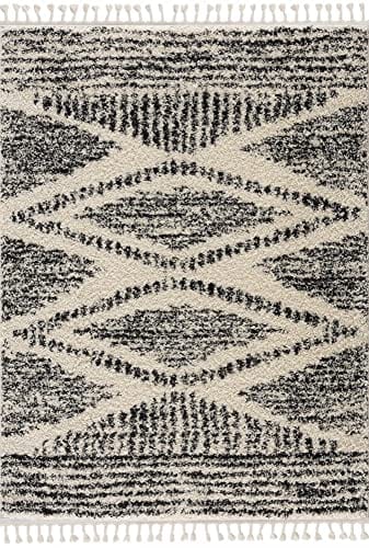 Berber Shag Collection - Southwestern Bohemian Tribal Style Area Rug - Fluffy Plush High Pile Carpet - Farmhouse Living Room Bedroom - Beige, Black - 6'7" x 9'