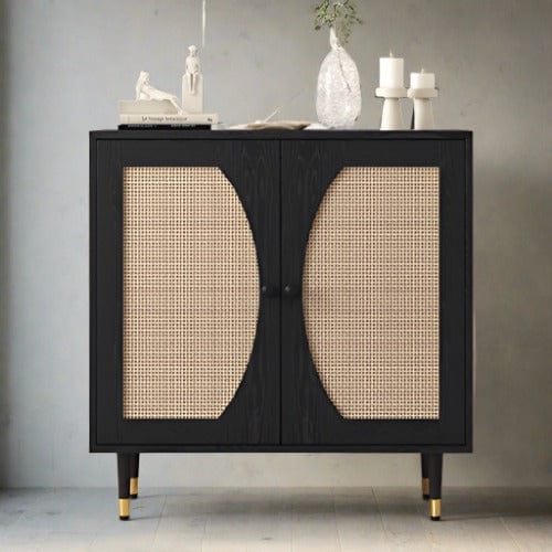 Black Buffet Sideboard Cabinet - Modern Storage Solution with Natural Rattan Doors