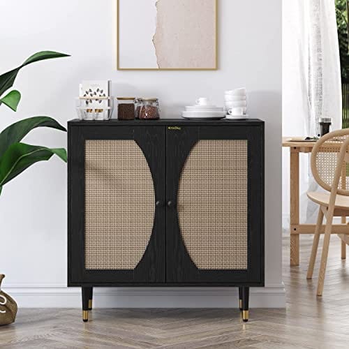 Black Buffet Sideboard Cabinet - Modern Storage Solution with Natural Rattan Doors