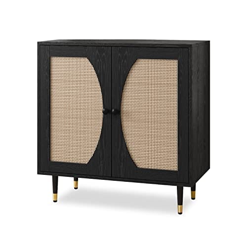 Black Buffet Sideboard Cabinet - Modern Storage Solution with Natural Rattan Doors