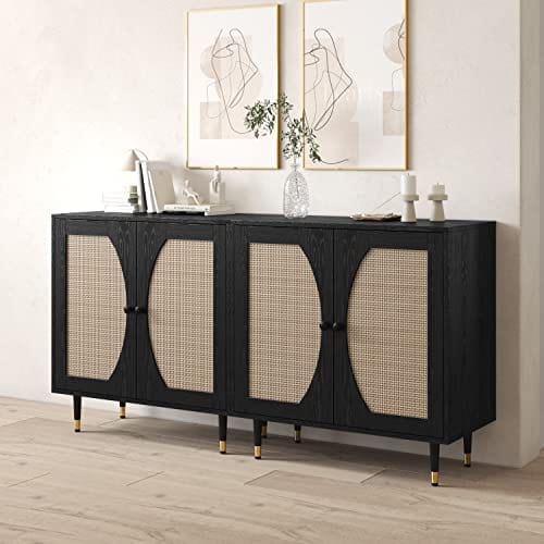 Black Buffet Sideboard Cabinet - Modern Storage Solution with Natural Rattan Doors