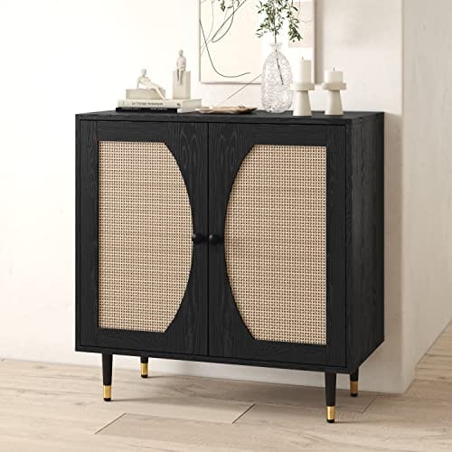 Black Buffet Sideboard Cabinet - Modern Storage Solution with Natural Rattan Doors