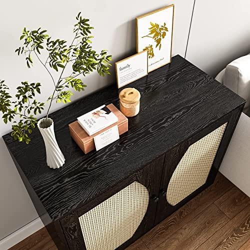 Black Buffet Sideboard Cabinet - Modern Storage Solution with Natural Rattan Doors