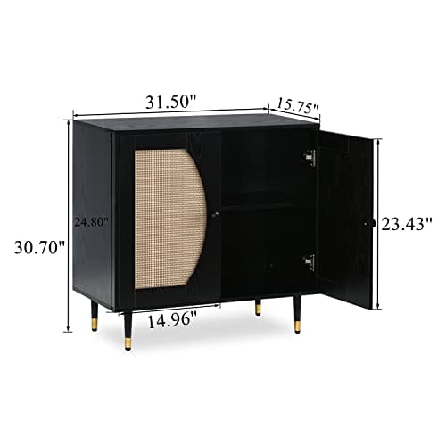 Black Buffet Sideboard Cabinet - Modern Storage Solution with Natural Rattan Doors