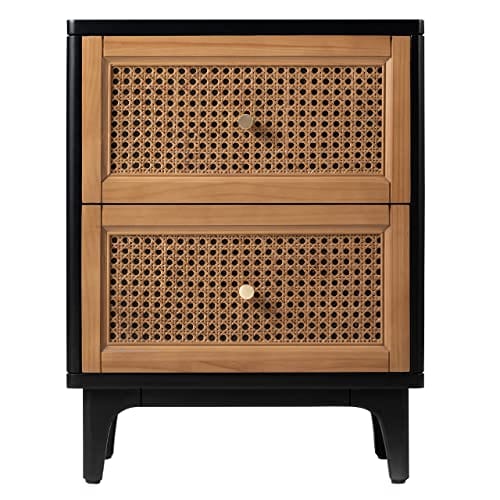 Black Rattan Nightstand - 2-Drawer Woven Cane Front Accent Table with Brass Knobs for Living Room, Bedroom