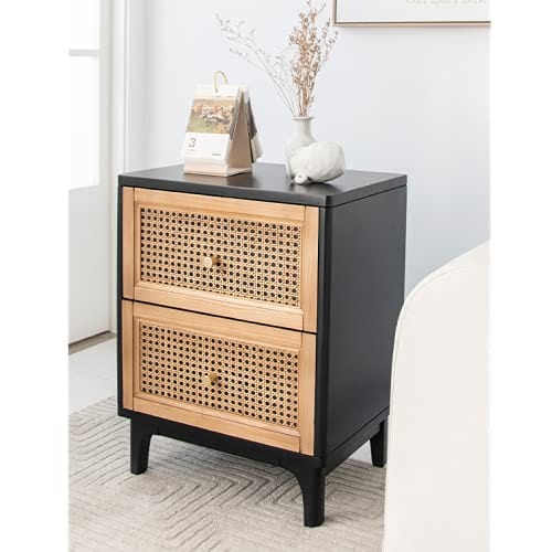 Black Rattan Nightstand - 2-Drawer Woven Cane Front Accent Table with Brass Knobs for Living Room, Bedroom