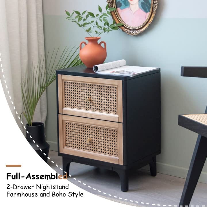 Black Rattan Nightstand - 2-Drawer Woven Cane Front Accent Table with Brass Knobs for Living Room, Bedroom