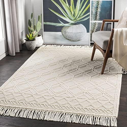 Bohemian/Global Beige Area Rug - Handwoven 8x10 Wool Rug for Living Room, Bedroom, Kitchen (8' x 10')