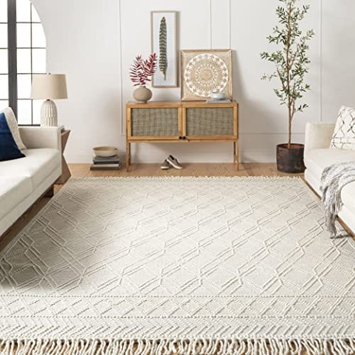 Bohemian/Global Beige Area Rug - Handwoven 8x10 Wool Rug for Living Room, Bedroom, Kitchen (8' x 10')