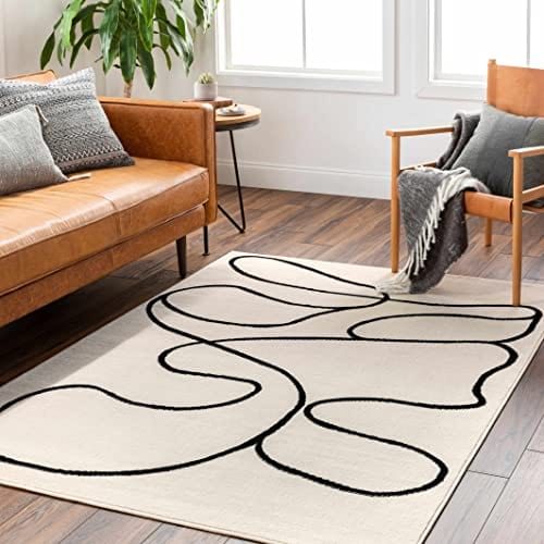 Bohemian Living Room Bedroom Area Rug - Modern Boho Farmhouse - Striped Geometric Carpet - Cream, Beige and Black - 5' x 7'