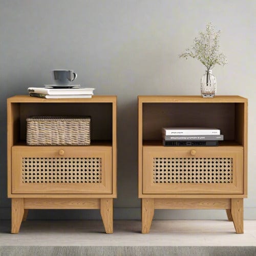 Bohemian Rattan Nightstand Set of 2 - Natural Rattan End Tables with Drawer & Open Shelf for Bedroom and Living Room Décor