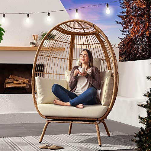 Boho Egg Chair Wicker Outdoor Indoor, Oversized Lounger with 370lbs Capacity Large Egg Chairs with Stand Cushion Egg Basket Chair for Patio, Balcony, Bedroom - Beige