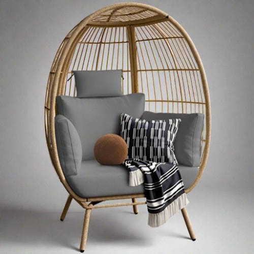 Boho Egg Chair Wicker Outdoor Indoor, Oversized Lounger with 370lbs Capacity Large Egg Chairs with Stand Cushion Egg Basket Chair for Patio, Balcony, Bedroom - Grey