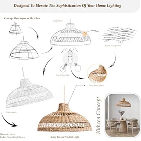 Boho Elegance Illuminated: Rattan Pendant Light -  21.75, Hardwired 48 in