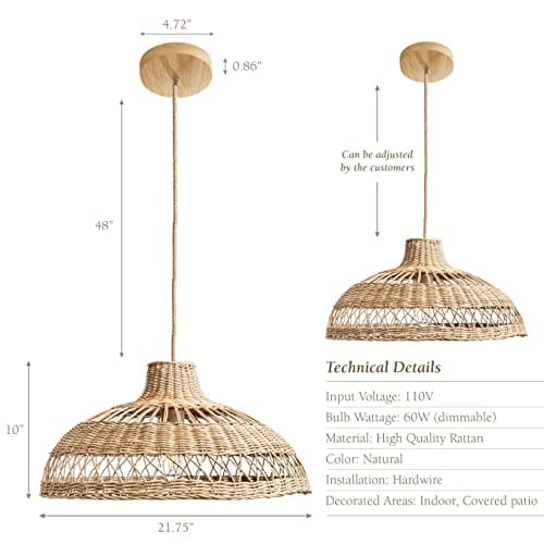 Boho Elegance Illuminated: Rattan Pendant Light -  21.75, Hardwired 48 in