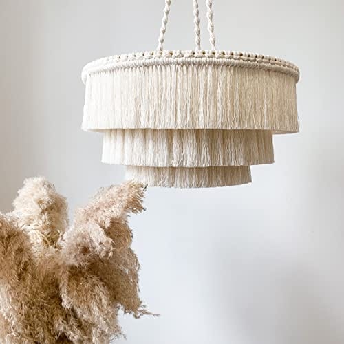 Boho Fringe Chandelier - Handmade Cotton Ceiling Light with Gold Metal Frame and Adjustable Cords for Boho Inspired Interiors