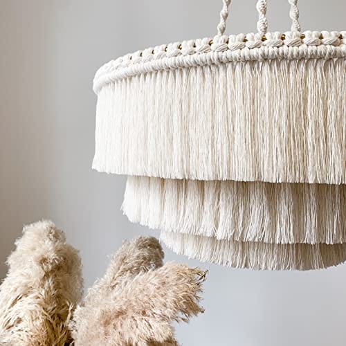 Boho Fringe Chandelier - Handmade Cotton Ceiling Light with Gold Metal Frame and Adjustable Cords for Boho Inspired Interiors