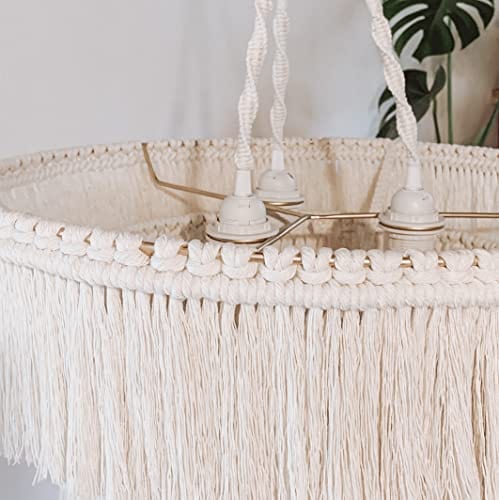 Boho Fringe Chandelier - Handmade Cotton Ceiling Light with Gold Metal Frame and Adjustable Cords for Boho Inspired Interiors