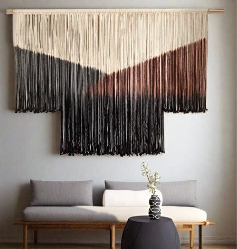 Boho-Inspired Large Black Tie-Dye Geometric Macrame Wall Hanging - Handwoven Cotton Yarn Tapestry for Home Decor - 59"Wx35"L