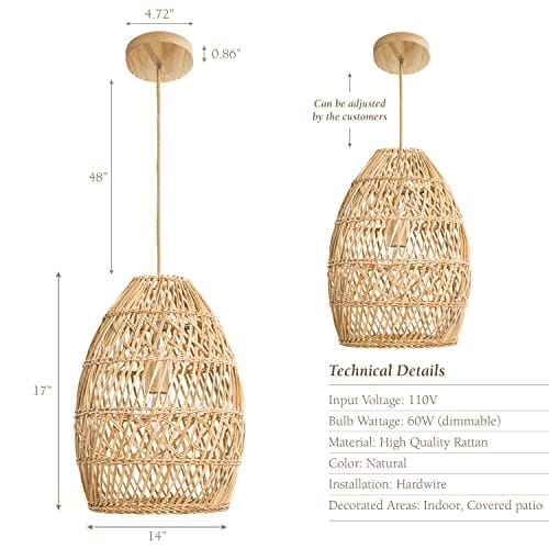 Boho Lampshade with Unique Woven Design, Natural Aesthetics, Handcrafted Artistry, Rattan Pendant Light for Living Rooms, Bedrooms, and Patios