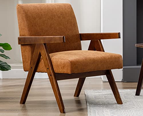 Brown Accent Chair - Mid Century Modern Living Room Chair with Wood Frame - Comfy and Stylish Furniture for Guest Room, Bedroom, and Reading - Durable PU Leather