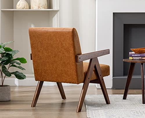 Brown Accent Chair - Mid Century Modern Living Room Chair with Wood Frame - Comfy and Stylish Furniture for Guest Room, Bedroom, and Reading - Durable PU Leather