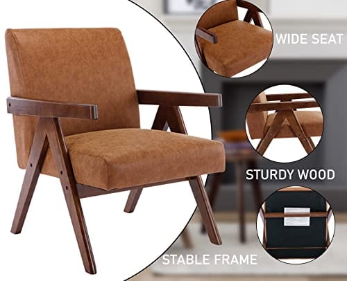 Brown Accent Chair - Mid Century Modern Living Room Chair with Wood Frame - Comfy and Stylish Furniture for Guest Room, Bedroom, and Reading - Durable PU Leather