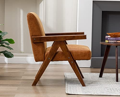 Brown Accent Chair - Mid Century Modern Living Room Chair with Wood Frame - Comfy and Stylish Furniture for Guest Room, Bedroom, and Reading - Durable PU Leather