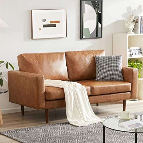 Brown Faux Leather Loveseat Sofa - Mid-Century Modern Design for Small Spaces