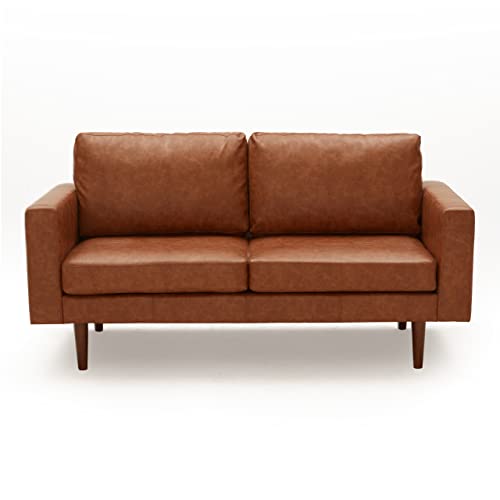 Brown Faux Leather Loveseat Sofa - Mid-Century Modern Design for Small Spaces