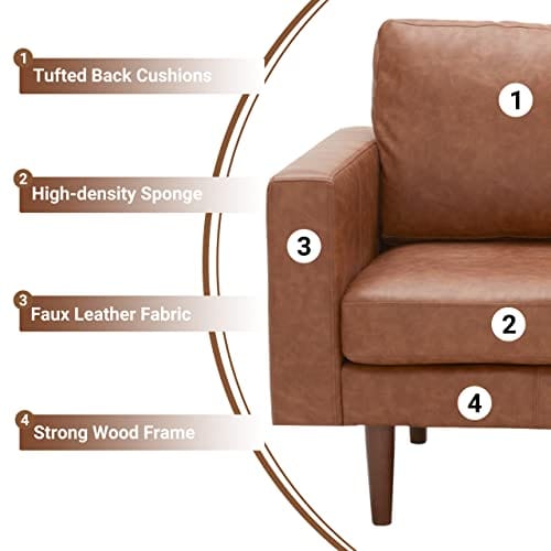 Brown Faux Leather Loveseat Sofa - Mid-Century Modern Design for Small Spaces