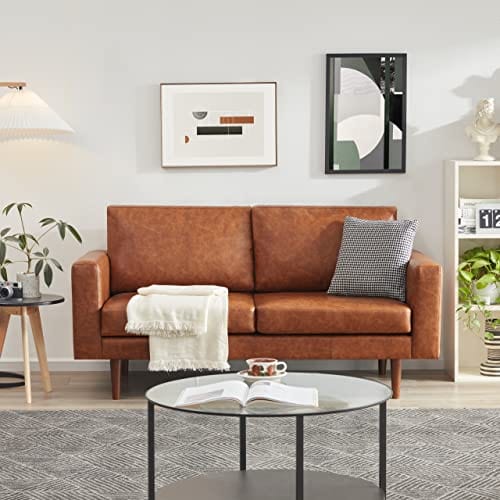 Brown Faux Leather Loveseat Sofa - Mid-Century Modern Design for Small Spaces