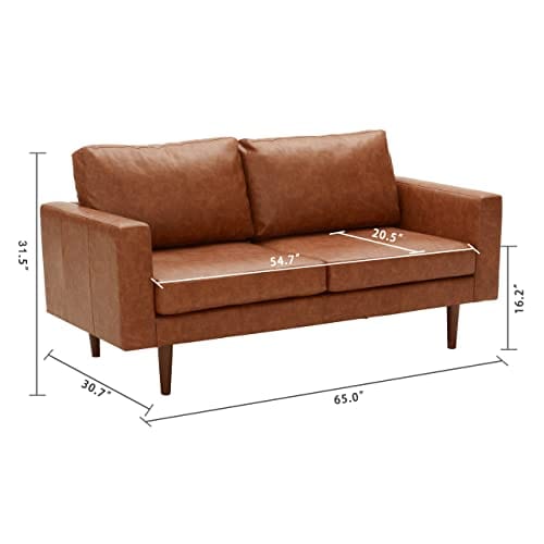 Brown Faux Leather Loveseat Sofa - Mid-Century Modern Design for Small Spaces