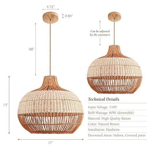 Captivating Rattan Elegance: Handwoven Bamboo Pendant Light for Boho Vibes - 21"