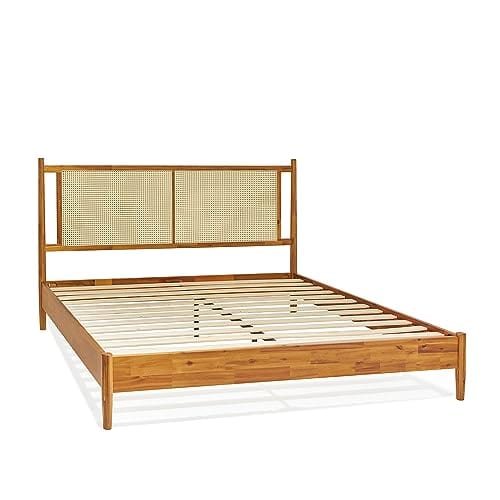 Caramel King Bed Frame with Rattan Headboard - Sturdy Acacia Wood Platform Bed for Boho