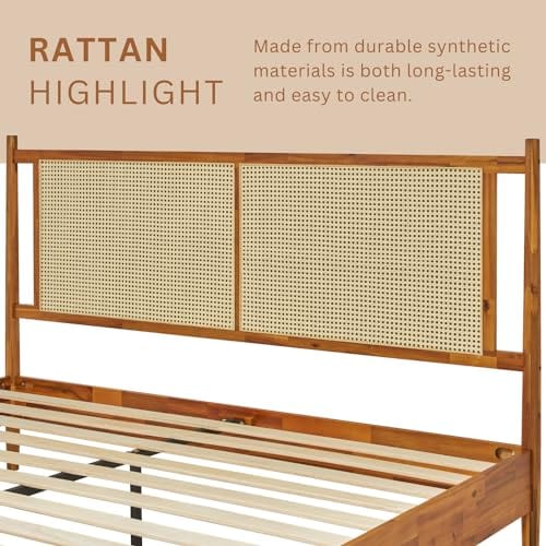 Caramel King Bed Frame with Rattan Headboard - Sturdy Acacia Wood Platform Bed for Boho