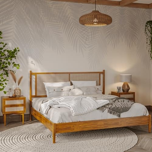 Caramel King Bed Frame with Rattan Headboard - Sturdy Acacia Wood Platform Bed for Boho