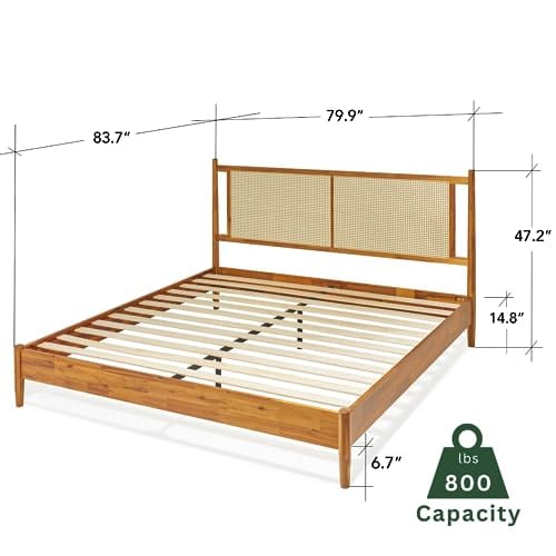 Caramel King Bed Frame with Rattan Headboard - Sturdy Acacia Wood Platform Bed for Boho