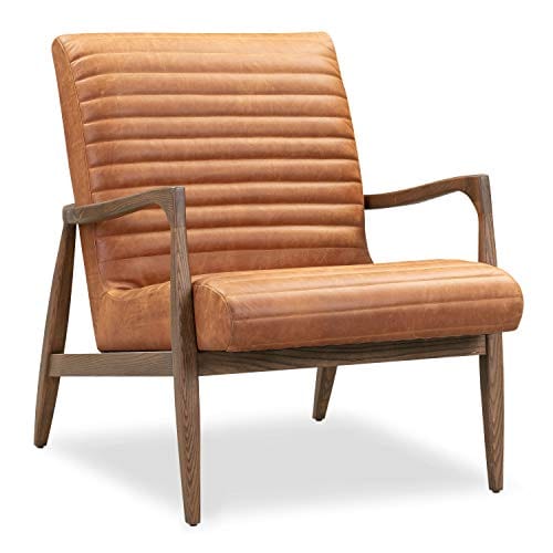 Cognac Tan Full-Grain Pure-Aniline Italian Leather Lounge Chair - Modern Luxury with Ribbed Seat Texture