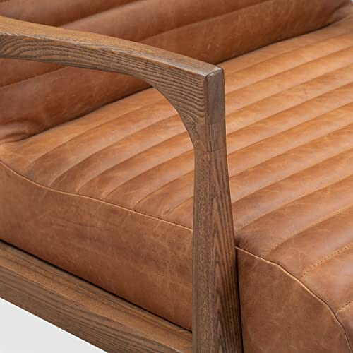 Cognac Tan Full-Grain Pure-Aniline Italian Leather Lounge Chair - Modern Luxury with Ribbed Seat Texture