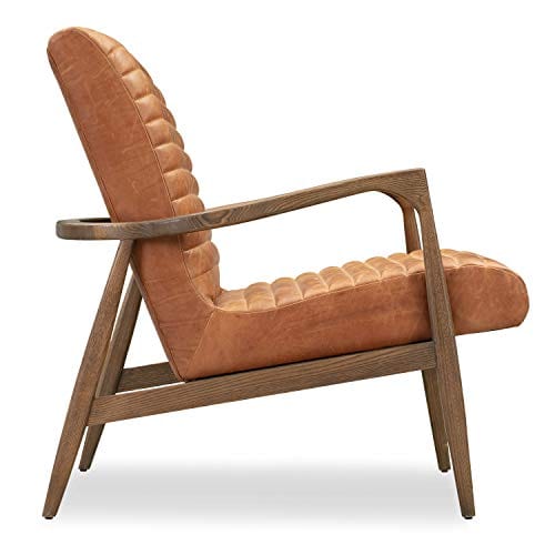 Cognac Tan Full-Grain Pure-Aniline Italian Leather Lounge Chair - Modern Luxury with Ribbed Seat Texture